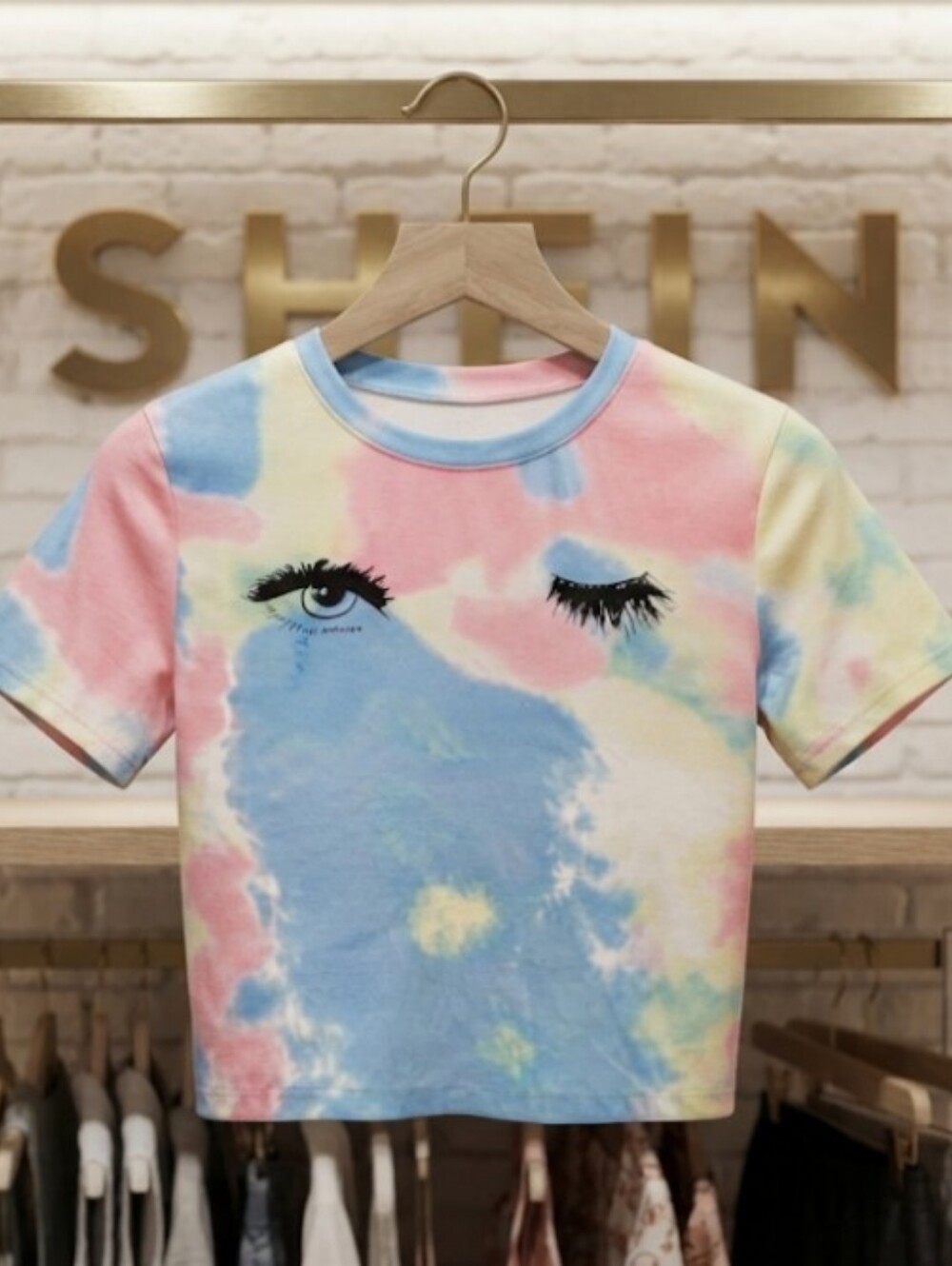 SHEIN Pastel Tie-Dye Eyelash Graphic Crop Top Size Large